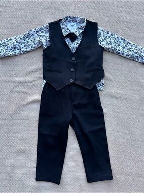 Boys Black Vest & Pants Set with Floral Shirt